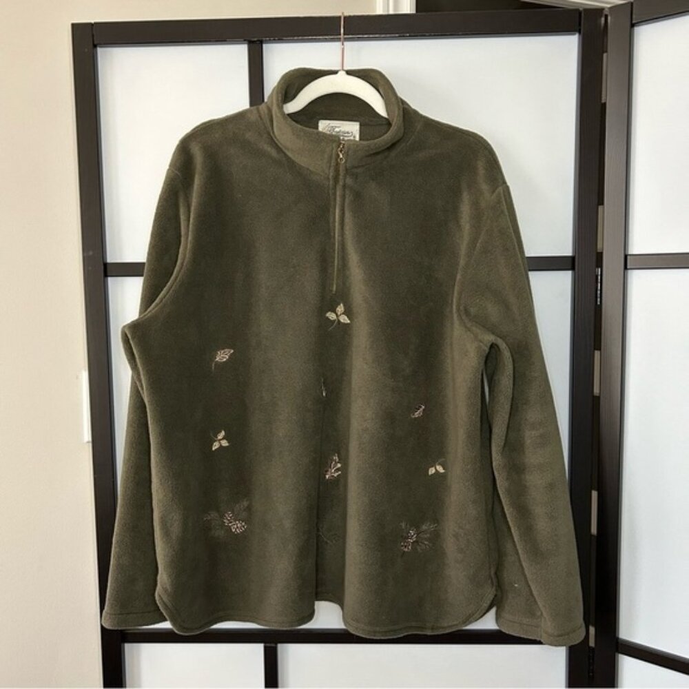 Vintage Country Collection Dark Green Fall Leaves Fleece 1 4 Zip Sweater